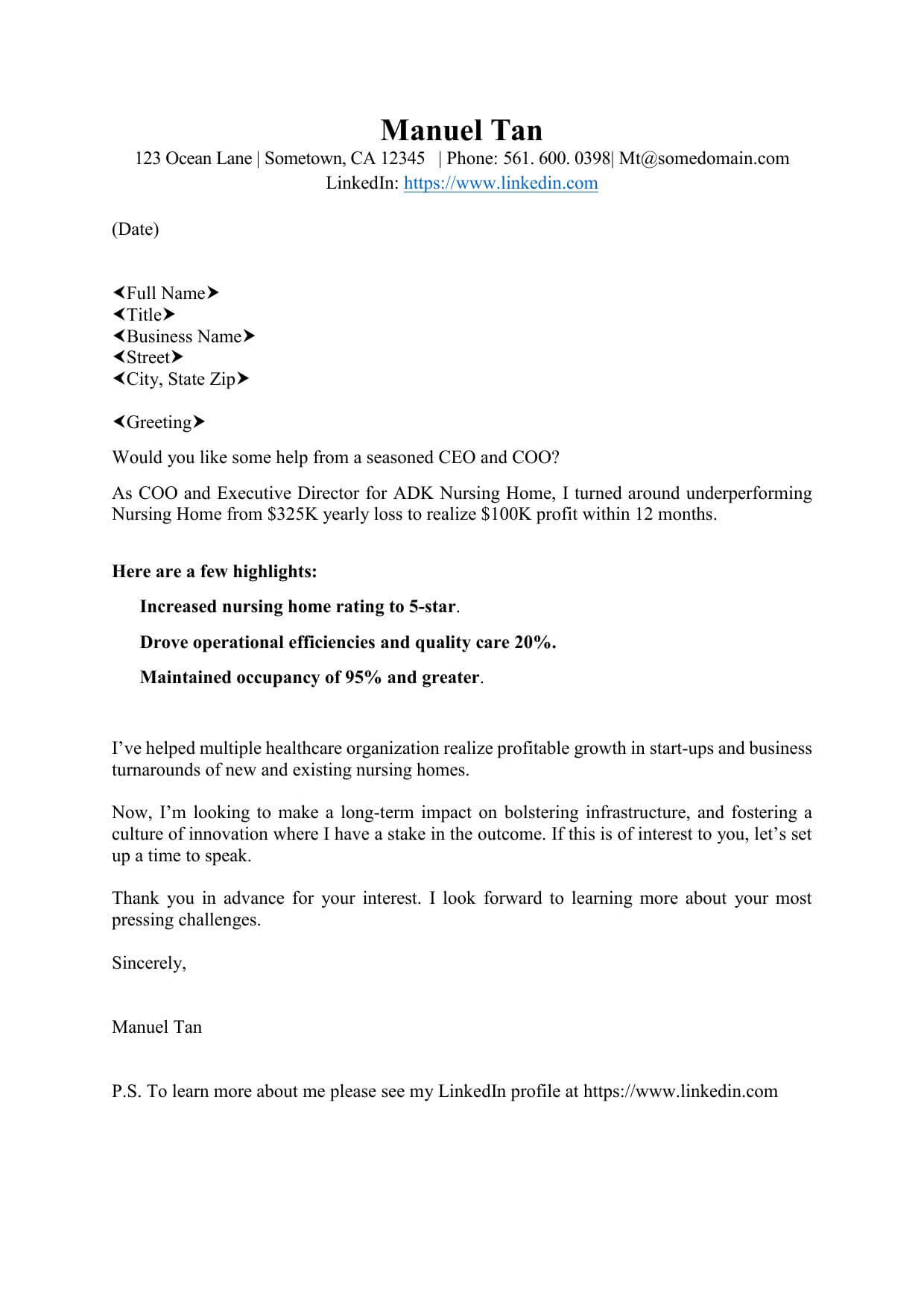 CEO & COO, Healthcare Value Proposition Letter Sample (1)